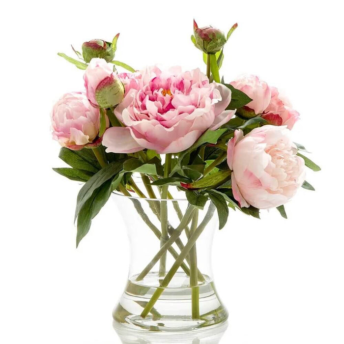 Peony Flowers In Water In Glass Vase Dark Pink