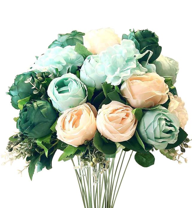 Artificial Silk with 15 Heads Flower Fake Rose Bouquet Table Decor Blue 50cm Pack of 3