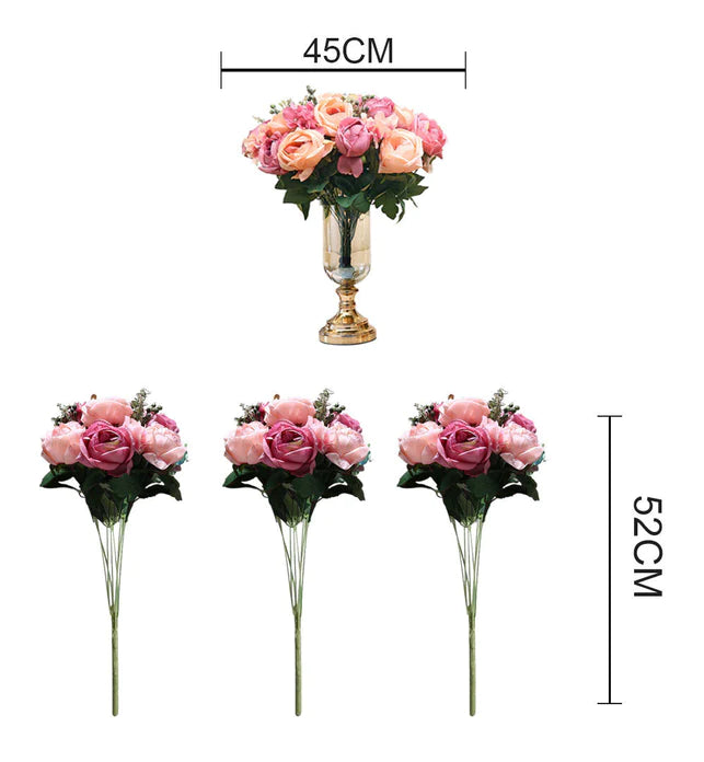 Artificial Silk with 15 Heads Flower Fake Rose Bouquet Table Decor Pink 50cm Pack of 3