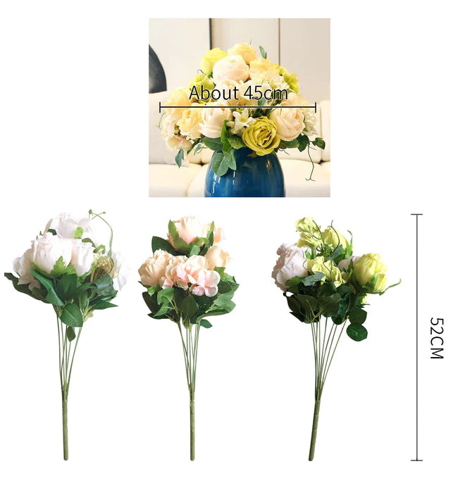 Artificial Silk with 15 Heads Flower Fake Rose Bouquet Table Decor White 50cm Pack of 3