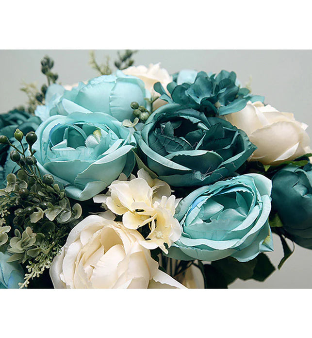 Artificial Silk with 15 Heads Flower Fake Rose Bouquet Table Decor Blue 50cm Pack of 3