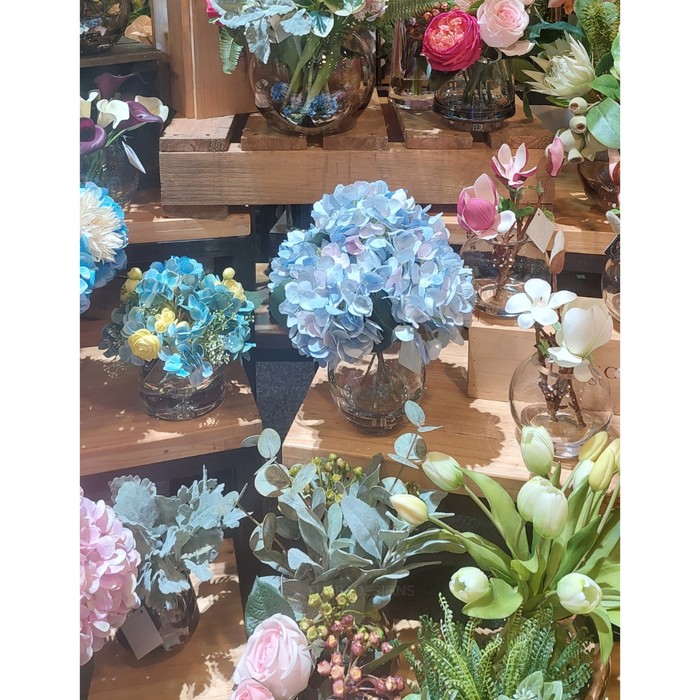 Hydrangea Mixed Arrangement in Glass Blue 27cm