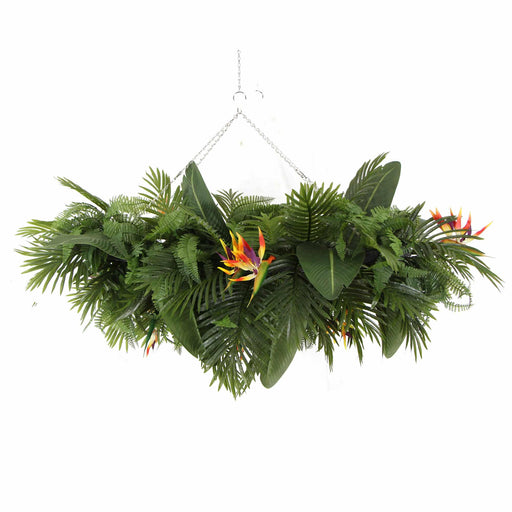 Artificial Hanging Plant Arrangement with Tropical Flowers in a Rectangular Arrangement Mesh + Foliage 100cmx30cm - FLORA DESIGNS