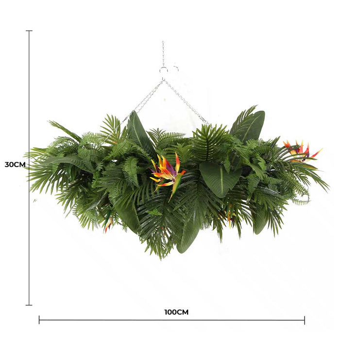 Artificial Hanging Plant Arrangement with Tropical Flowers in a Rectangular Arrangement Mesh + Foliage 100cmx30cm - FLORA DESIGNS