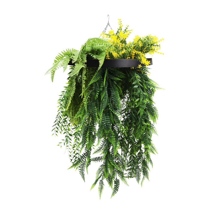 Black Framed Hanging Disc with Bright Tropical Foliage Draping Ferns 40cm - FLORA DESIGNS