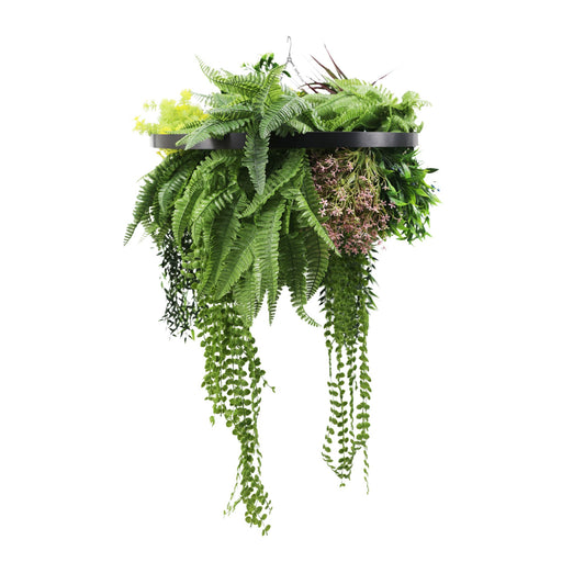 Black Framed Roof Hanging Disc with Tropical Foliage Mix Draping Stems 60cm - FLORA DESIGNS