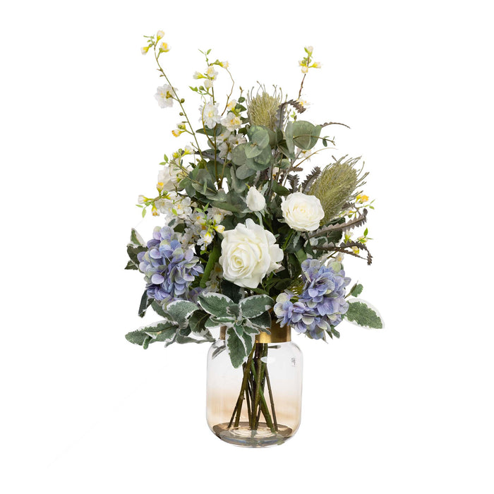 Faux Hydrangea Banksia Arrangement In Glass 80cm