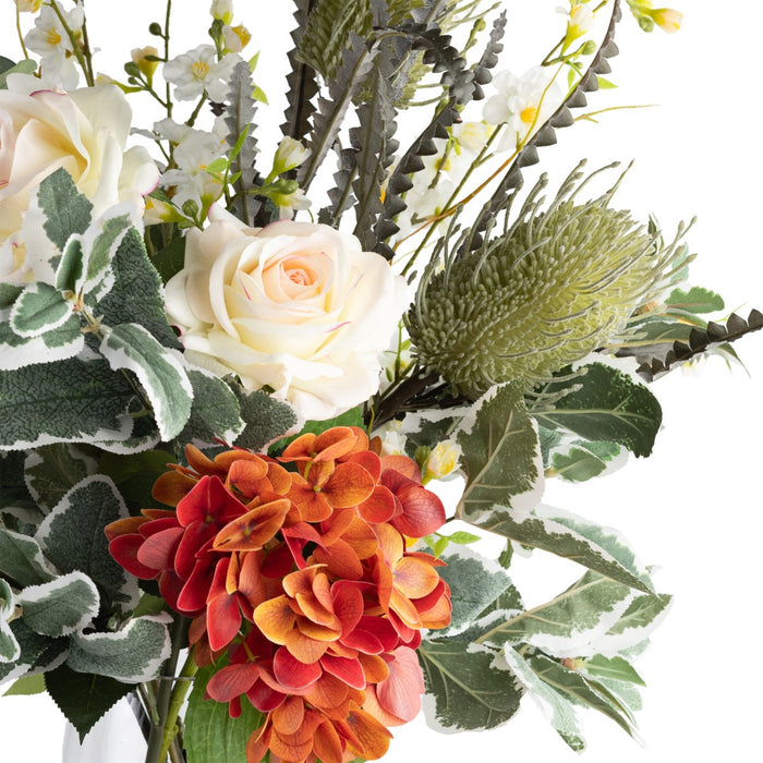 Faux Hydrangea Banksia Arrangement In Glass 80cm