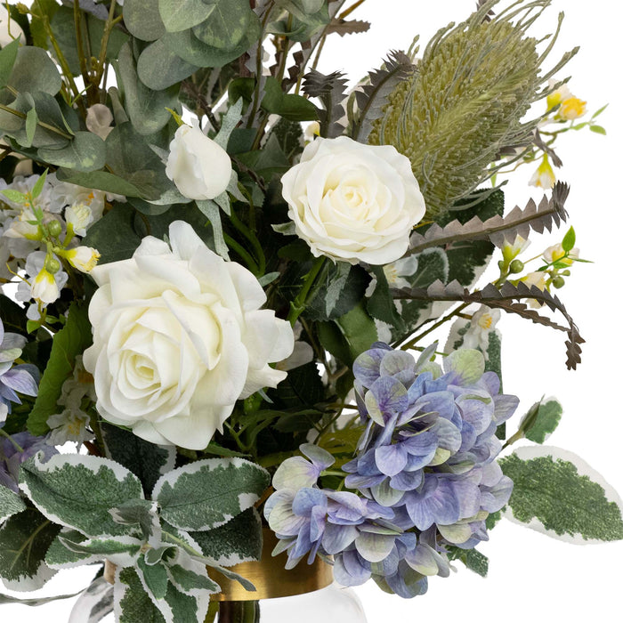 Faux Hydrangea Banksia Arrangement In Glass 80cm