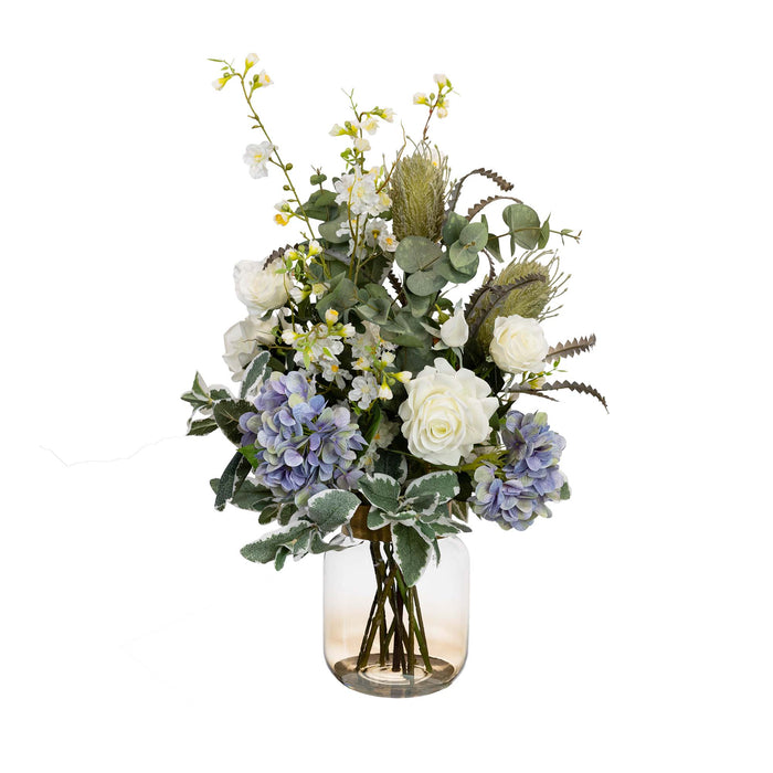 Faux Hydrangea Banksia Arrangement In Glass 80cm
