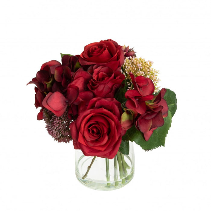 Faux Hydrangea Rose Mixed Arrangement In Glass 20cm