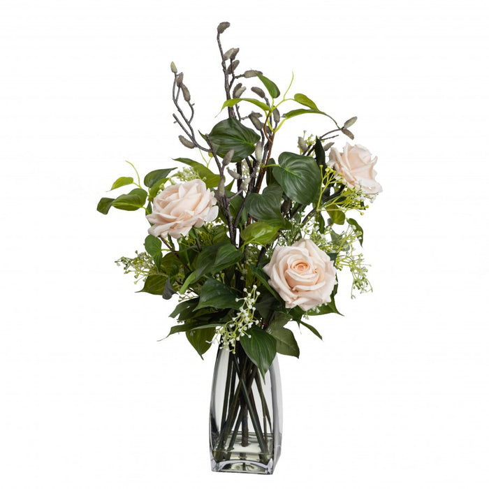 Faux White Rose Arrangement In Glass 70cm