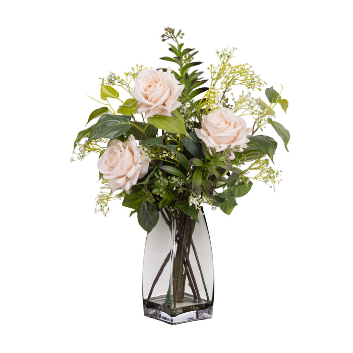 Faux White Rose Arrangement In Glass 70cm