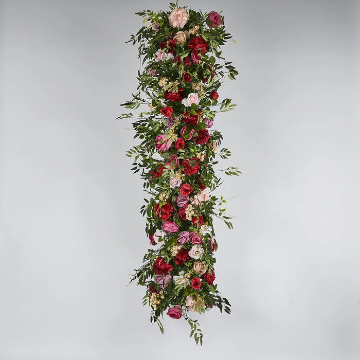 Floral Runner with Pink, Purple, Beige & Red Roses & Peonies and Green Leaves