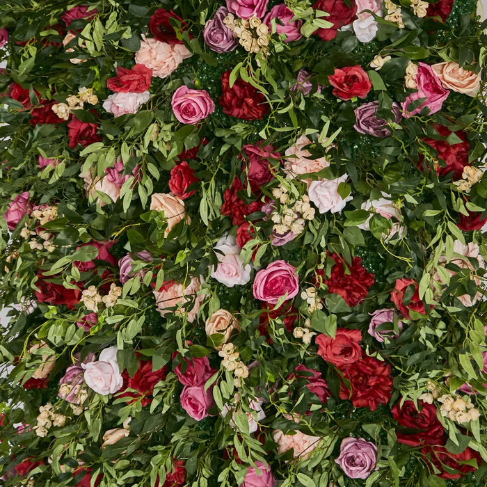 Flower Wall With Pink, Purple, Beige & Red Roses & Peonies And Green Leaves