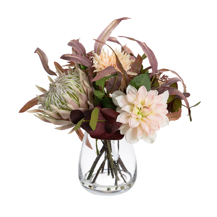 Dahlia & Protea Mixed Arrangement In Glass Dusty Pink 39cm