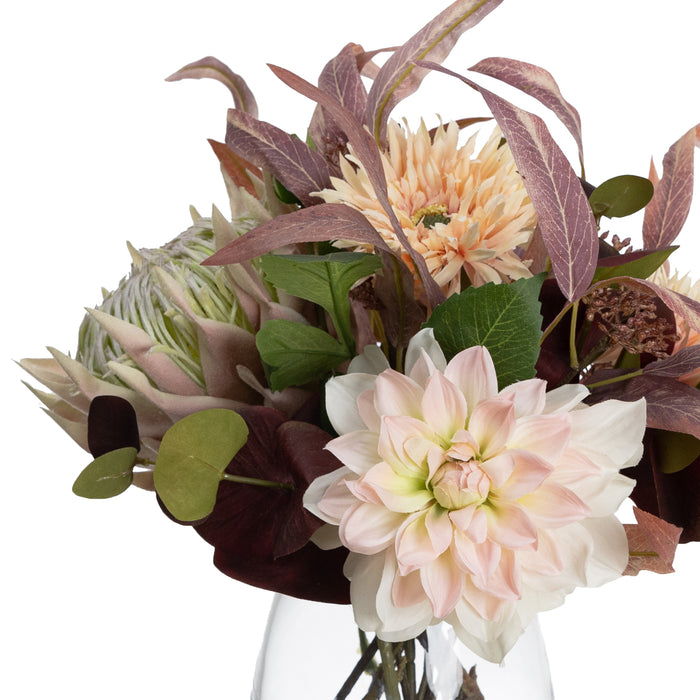 Dahlia & Protea Mixed Arrangement In Glass Dusty Pink 39cm