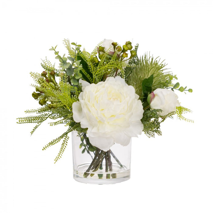 Peony & Banksia Mixed Arrangement in a Glass White - 30cm