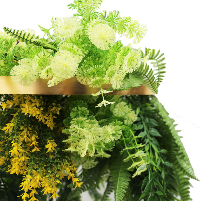 Gold Framed Roof Hanging Disc with Bright Tropical Foliage Mix Draping Ferns 40cm - FLORA DESIGNS