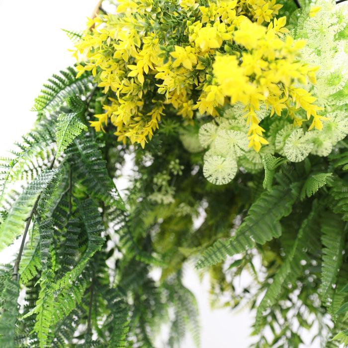 Gold Framed Roof Hanging Disc with Bright Tropical Foliage Mix Draping Ferns 40cm - FLORA DESIGNS