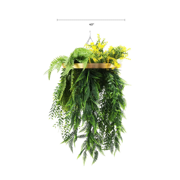 Gold Framed Roof Hanging Disc with Bright Tropical Foliage Mix Draping Ferns 40cm - FLORA DESIGNS