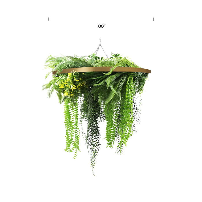 Gold Framed Roof Hanging Disc with Draping Ferns Plants 80cm - FLORA DESIGNS