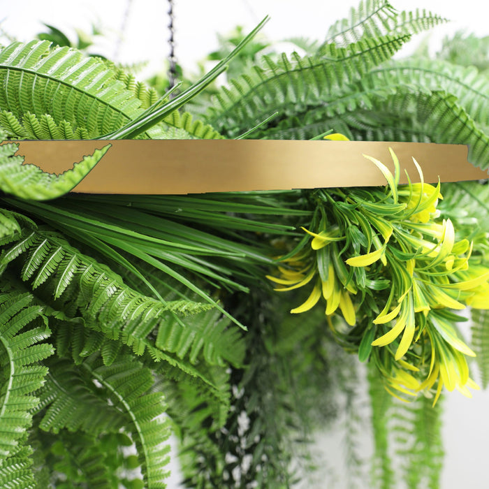 Gold Framed Roof Hanging Disc with Draping Ferns Plants 80cm - FLORA DESIGNS