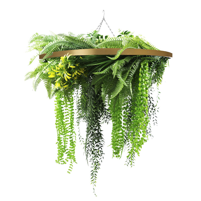 Gold Framed Roof Hanging Disc with Draping Ferns Plants 80cm - FLORA DESIGNS