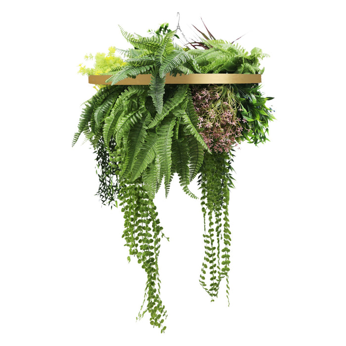 Gold Framed Roof Hanging Disc with Tropical Foliage Draping Ferns 60cm - FLORA DESIGNS