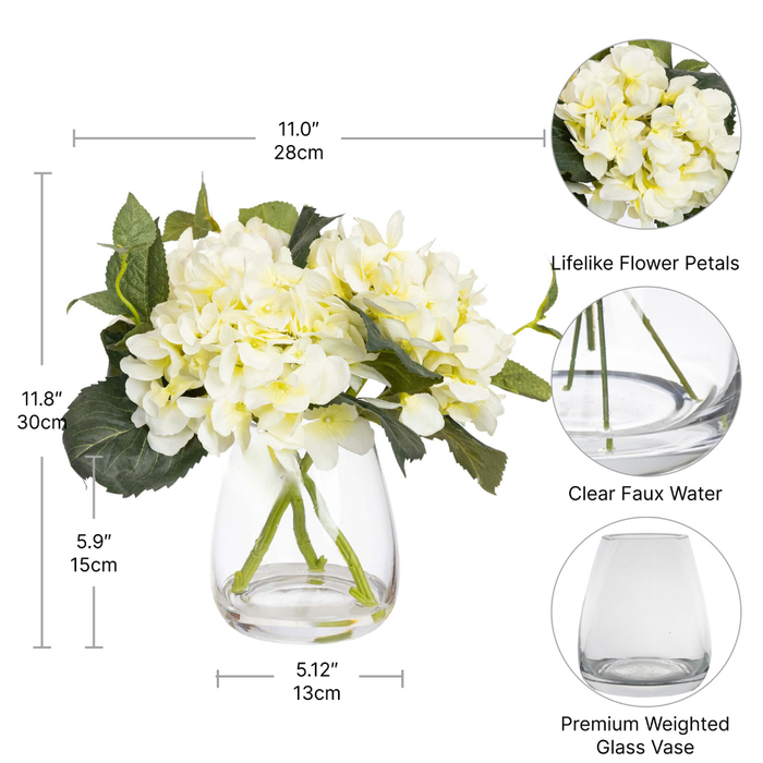 Hydrangea Flowers In Glass 30cm White