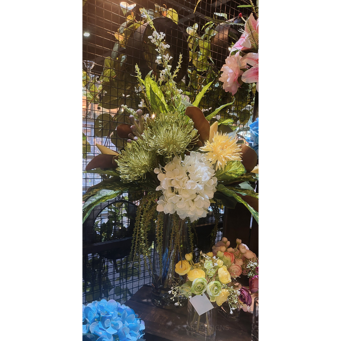 Hydrangea & Leucospermum Mixed Arrangement In Glass 81cm