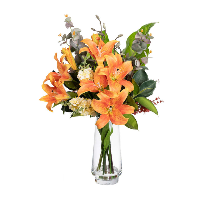 Lily Mixed Arrangement In Vase Orange - 80cm