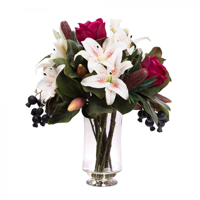 Lily & Magnolia Mixed Arrangement Red In Glass 62cm
