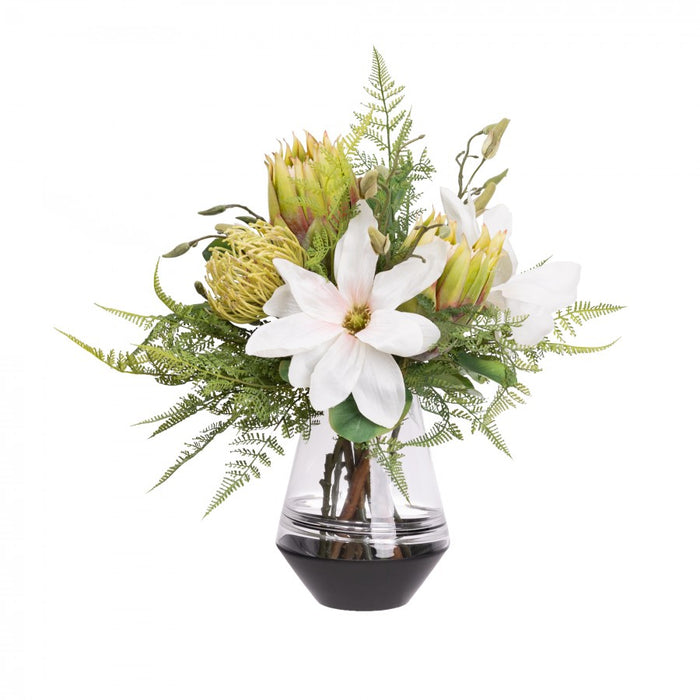 Magnolia & Protea Arrangement In Glass White 50cm