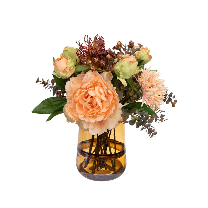 Peony & Banksia Mixed Arrangement in a Glass Peach - 30cm