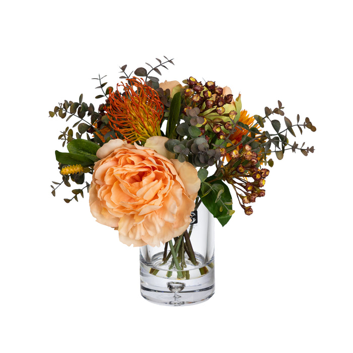 Peony & Banksia Mixed Arrangement in a Glass Peach - 30cm