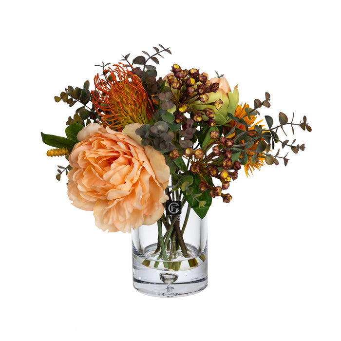 Peony & Banksia Mixed Arrangement in a Glass Peach - 30cm