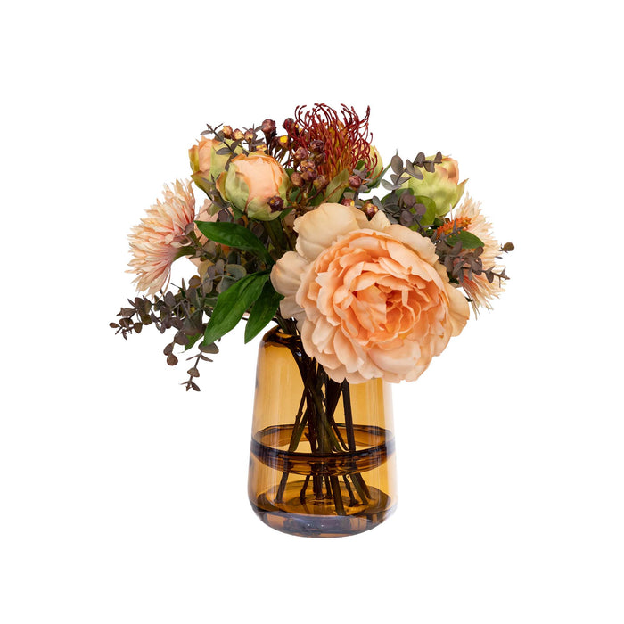 Peony & Banksia Mixed Arrangement in a Glass Peach - 30cm