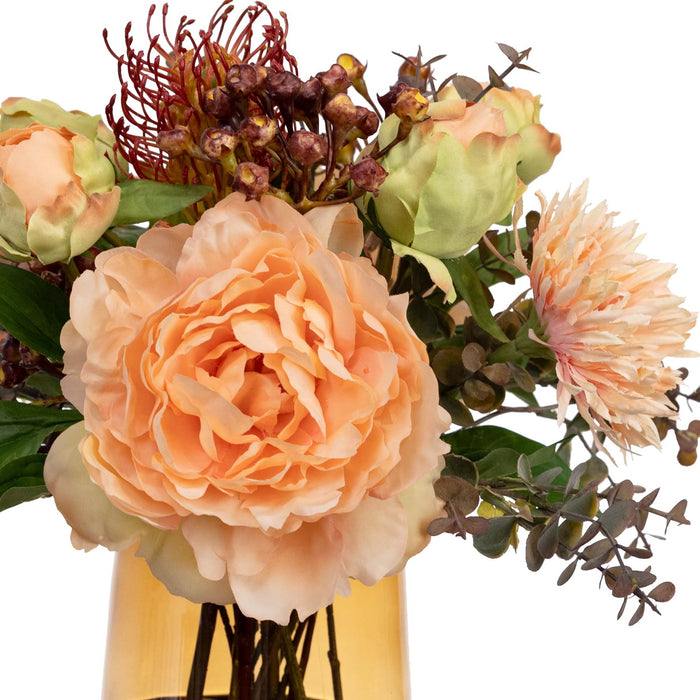 Peony & Banksia Mixed Arrangement in a Glass Peach - 30cm