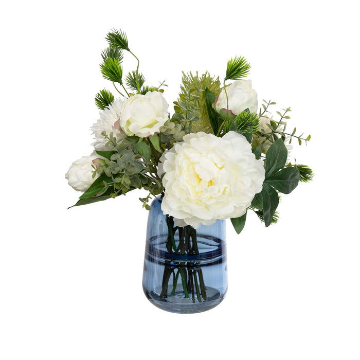 Peony & Banksia Mixed Arrangement in a Glass White - 30cm