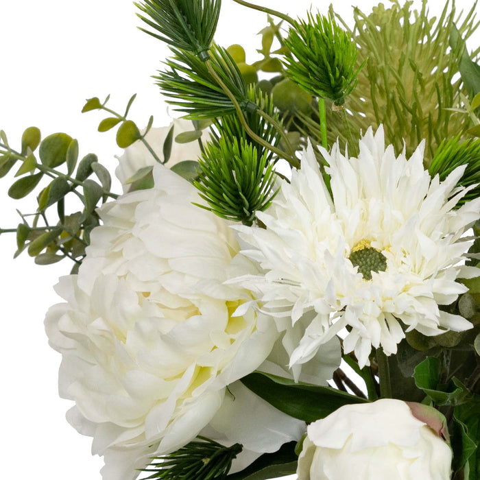 Peony & Banksia Mixed Arrangement in a Glass White - 30cm