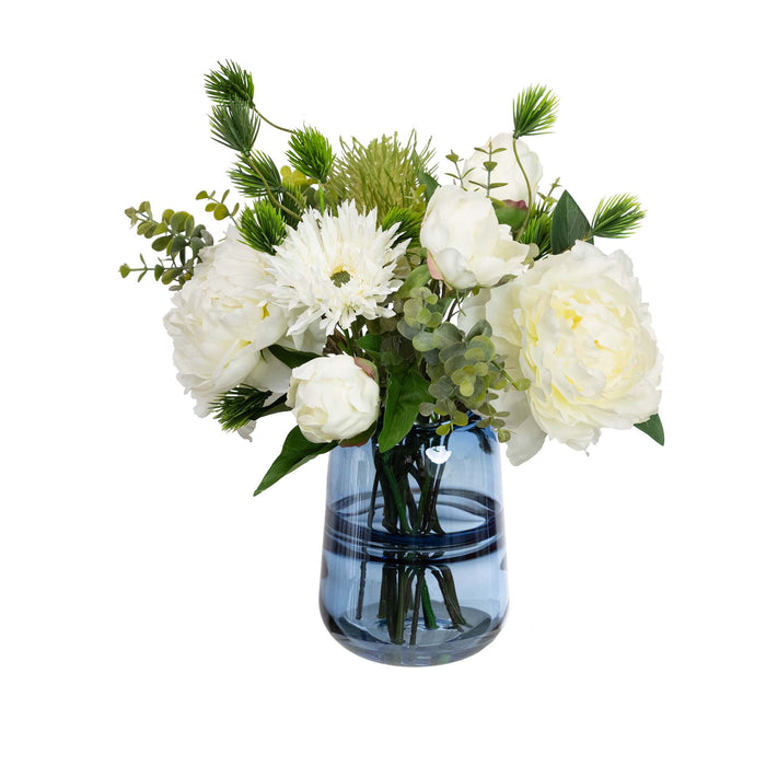 Peony & Banksia Mixed Arrangement in a Glass White - 30cm