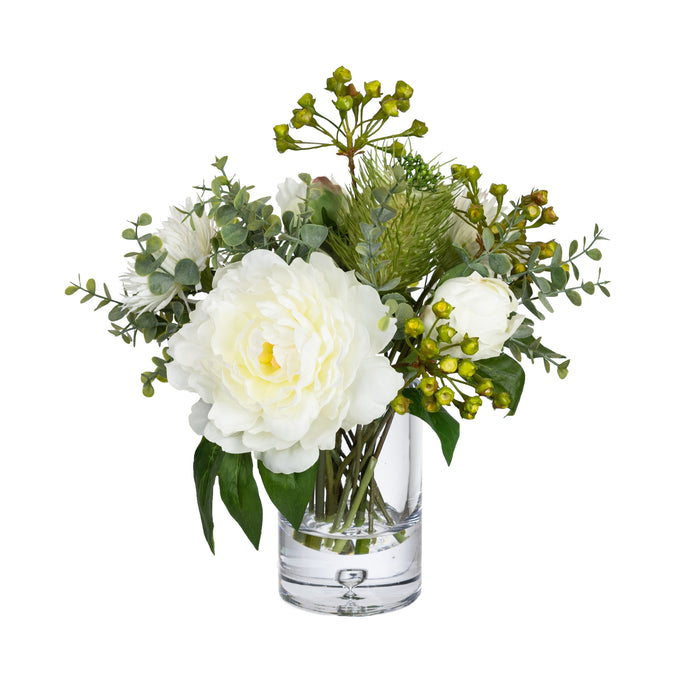 Peony & Banksia Mixed Arrangement in a Glass White - 30cm