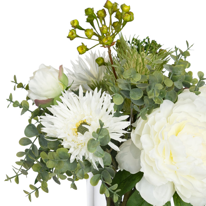 Peony & Banksia Mixed Arrangement in a Glass White - 30cm