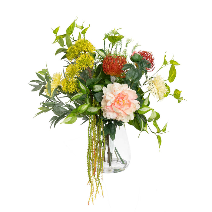 Peony & Leucospermum Mixed Arrangement In Glass 58cm