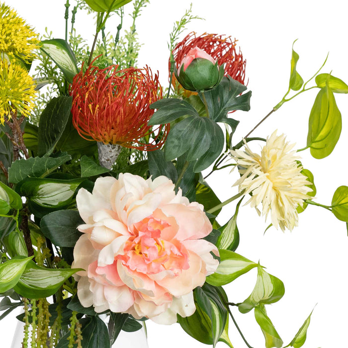 Peony & Leucospermum Mixed Arrangement In Glass 58cm