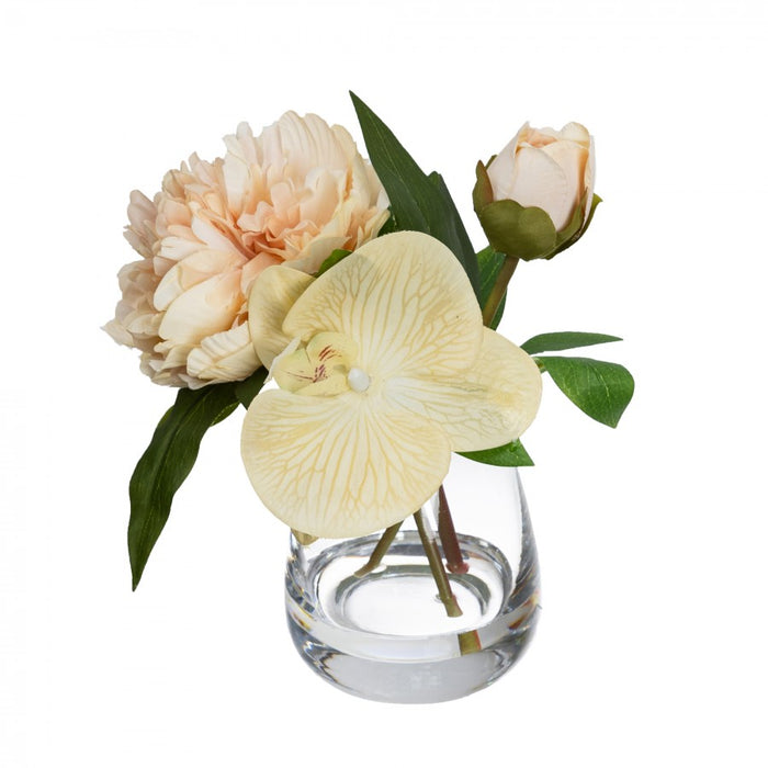 Peony & Orchid Mixed Arrangement in Glass 22cm Peach - Set of 2