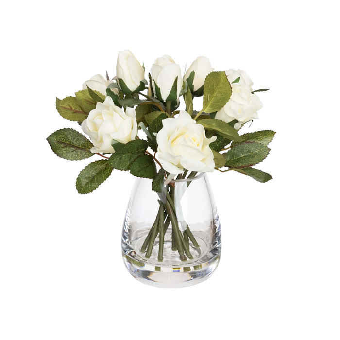 Rose Arrangement In Shaped Glass White 20cm