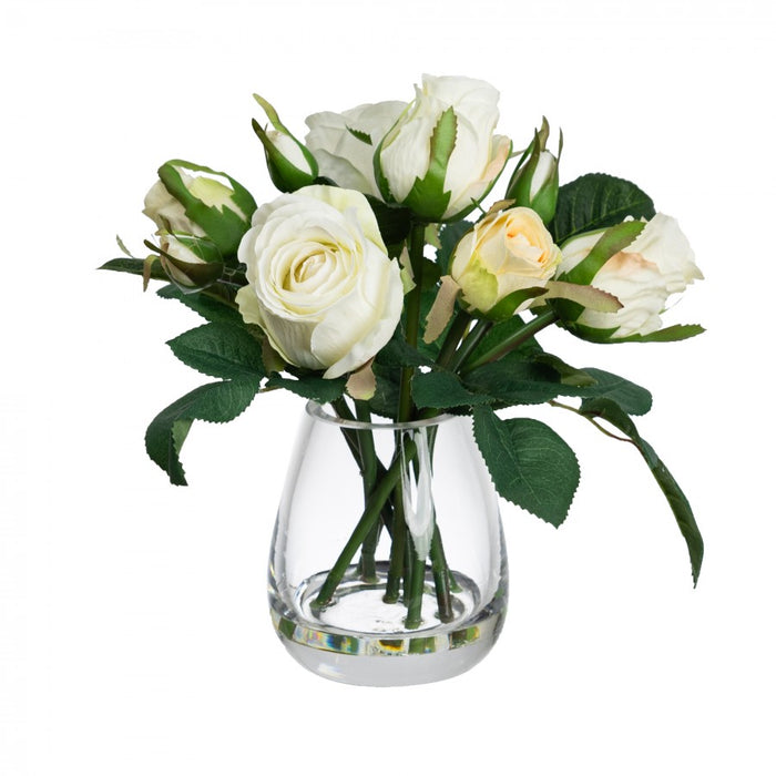 Rose Arrangement In Shaped Glass White 20cm