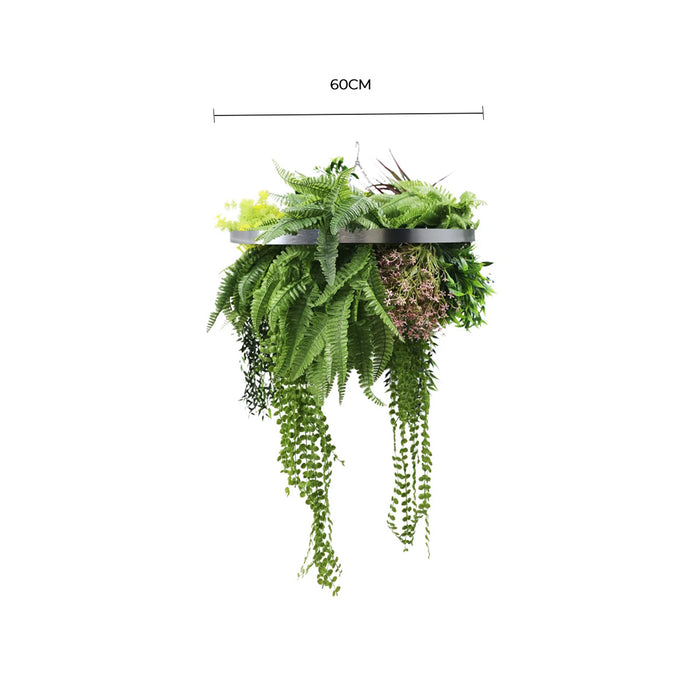 Silver Framed Roof Hanging Disc with Tropical Foliage Mix Draping Stems 60cm - FLORA DESIGNS